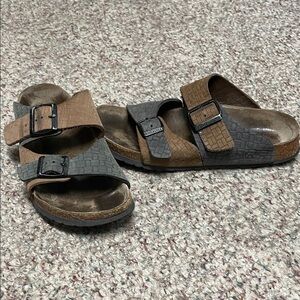 Birkenstock leather brown grey two-Tone double Buckle strap Sandals